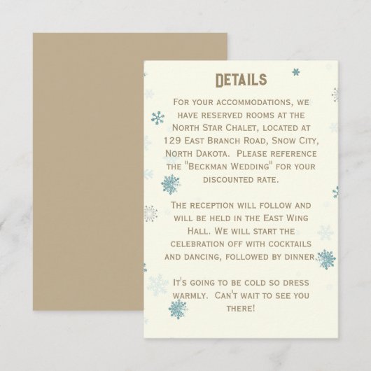 アイボリー ウィンター ワンダーランド スノーフレーク ウェディング ディテール エンクロージャーカード (正面/裏面)