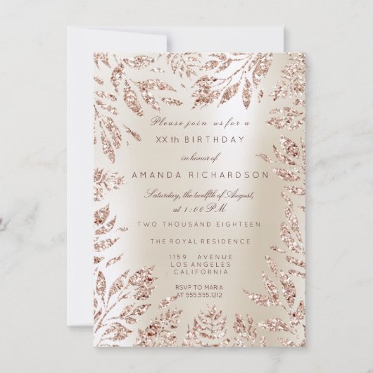 アイボリー クリーミー ローズゴールド グリッター リーフ フローラル フレーム 招待状 (正面)