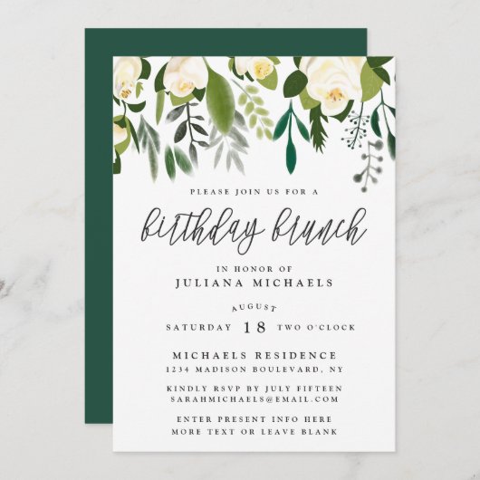 アイボリー & グリーンの植物園での誕生日ブランチ 招待状 (正面/裏面)