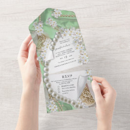 アイボリー・グリーン・ゴールドのパールが一つになったウェディング招待状 オールインワン招待状