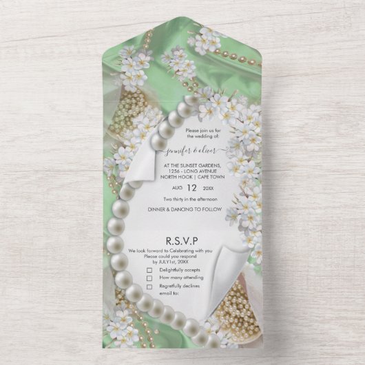 アイボリー・グリーン・ゴールドのパールが一つになったウェディング招待状 オールインワン招待状 (内側)