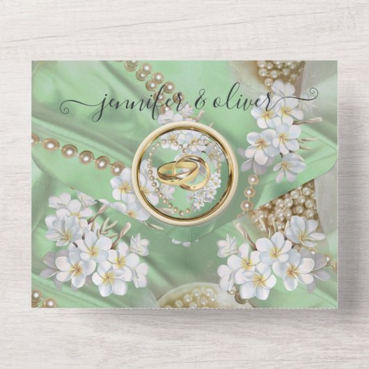 アイボリー・グリーン・ゴールドのパールが一つになったウェディング招待状 オールインワン招待状 (裏面)