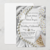 アイボリー、グリーン、ブルー、ゴールドのシルク&パールを使ったウェディング 招待状 (正面/裏面)