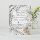 アイボリー、グリーン、ブルー、ゴールドのシルク&パールを使ったウェディング 招待状 (スタンド正面)