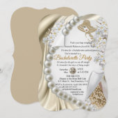 アイボリー、グリーン、ブルー、金ゴールドシルク&パールブライダルシャワー 招待状 (正面/裏面)