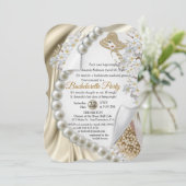 アイボリー、グリーン、ブルー、金ゴールドシルク&パールブライダルシャワー 招待状 (スタンド正面)