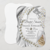 アイボリー、グリーン、ブルー、金ゴールドシルク&パールブライダルシャワー 招待状 (正面/裏面)
