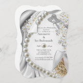 アイボリー、グリーン、ブルー、金ゴールドシルク&パールブライダルパーティ 招待状 (正面/裏面)