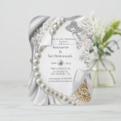 アイボリー、グリーン、ブルー、金ゴールドシルク&パールブライダルパーティ 招待状 (スタンド正面)