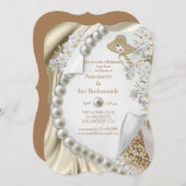 アイボリー、グリーン、ブルー、金ゴールドシルク&パールブライダルパーティ 招待状 (正面/裏面)