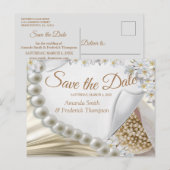 アイボリー、グリーン、ブルー、金ゴールドシルク&パール保存日 案内ポストカード (正面/裏面)