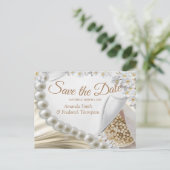 アイボリー、グリーン、ブルー、金ゴールドシルク&パール保存日 案内ポストカード (スタンド正面)