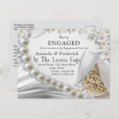 アイボリー、グリーン、ブルー、金ゴールドシルク&パール婚約 インビテーションポストカード (正面/裏面)