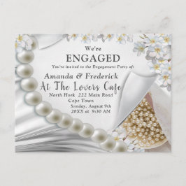 アイボリー、グリーン、ブルー、金ゴールドシルク&パール婚約 インビテーションポストカード