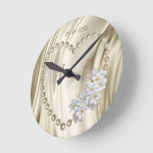 アイボリー、グリーン、ブルー、金ゴールドシルク&パール ラウンド壁時計 (傾斜)