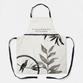 アイボリー&グレーハミングバード+あなたの名前のキッチン エプロン (正面)
