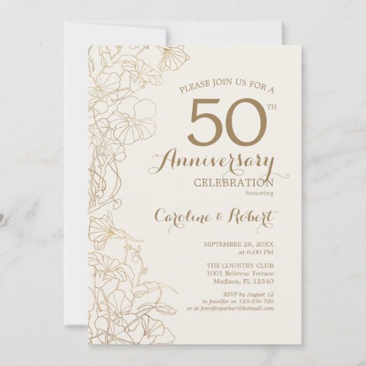 アイボリー ゴールド フローラル 50周年記念 招待状 (正面)