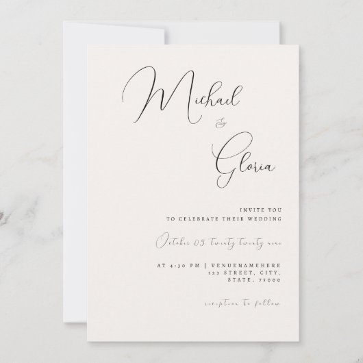 アイボリー シック カリグラフィー QR コード オールインワン ウェディング 招待状 (正面)