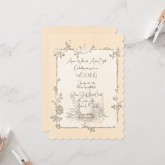 アイボリー シャイニー エレガント スパークリー フレーム ウェディング 招待状 (正面/裏面インサイチュ)