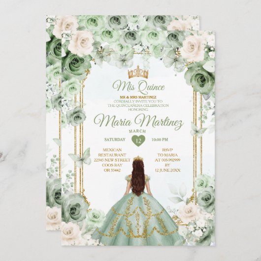 アイボリー&セージグリーンフローラミクリン誕生日 招待状 (正面/裏面)