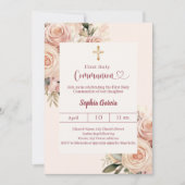 アイボリー ダスティ ローズ フラワーのファースト コミュニオン 招待状 (正面)