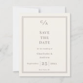 アイボリー・トープのモノグラム付結婚式「Save the Date」カード (正面)