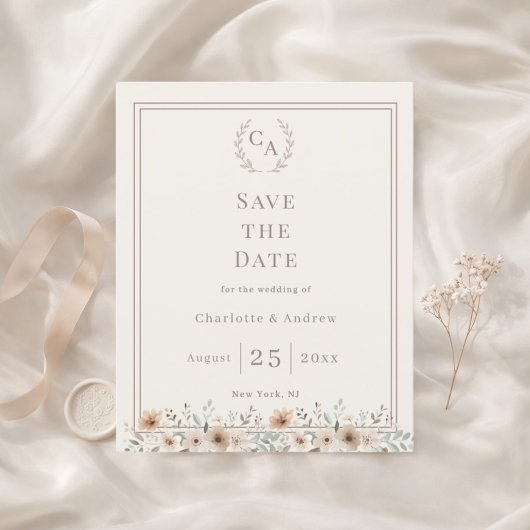 アイボリー+トープ+モノグラム+フラワー ウェディング Save the Date