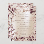 アイボリー バーガンディ ローズゴールド グリッター リーフ フローラル フレーム 招待状 (正面/裏面)