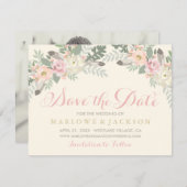 アイボリー ピンクとゴールドの花柄ボヘミアンスタイルの結婚式の写真 セーブザデート (正面/裏面)