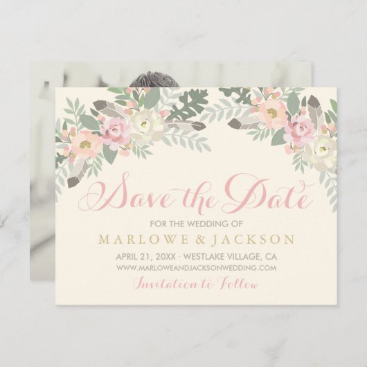 アイボリー ピンクとゴールドの花柄ボヘミアンスタイルの結婚式の写真 セーブザデート (正面/裏面)