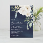 アイボリー フローラル セージリーフ ネイビー オールインワン ウェディング 招待状 (スタンド正面)