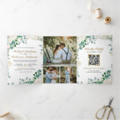 アイボリー フローラル セージ グリーン リーフ QR コード ウェディング 三つ折り招待状 (内部)