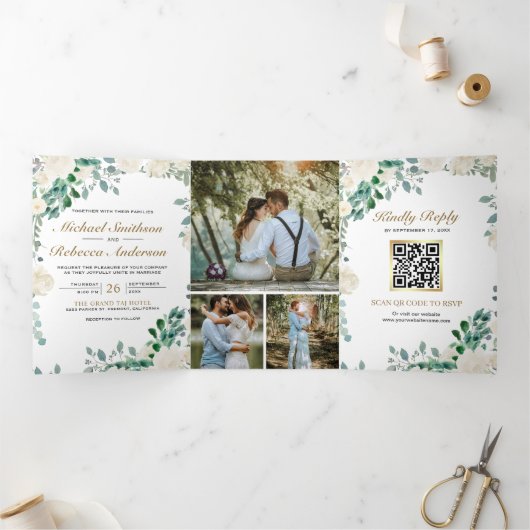 アイボリー フローラル セージ グリーン リーフ QR コード ウェディング 三つ折り招待状 (内部)