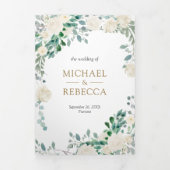 アイボリー フローラル セージ グリーン リーフ QR コード ウェディング 三つ折り招待状 (カバー)