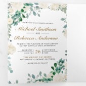 アイボリー フローラル セージ グリーン リーフ QR コード ウェディング 三つ折り招待状 (内部最初)