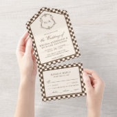 アイボリー+ブラウンの市松模様モノグラム ウェディング オールインワン招待状 (貼ってはがせる)