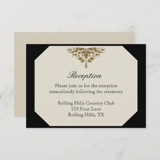 アイボリー・ブラックおよび金ゴールドのダマスク織の結婚披露宴 エンクロージャーカード (正面/裏面)