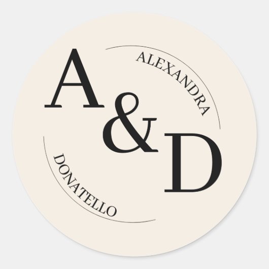 アイボリー ブラック ミニマル モノグラム ウェディング ラウンドシール (正面)