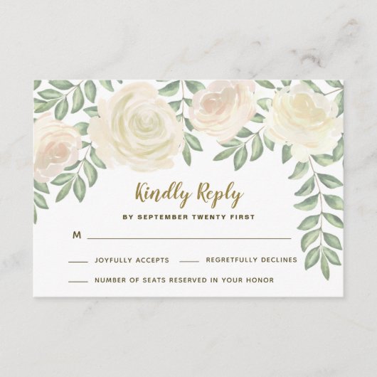 アイボリー ブラッシュ カモミール フローラル ウェディング RSVP カード (正面)