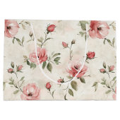 アイボリー ブラッシュ ピンクのローズ フラワー ウェディング ラージペーパーバッグ (裏面)