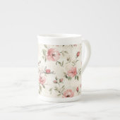 アイボリー ブラッシュ ピンク ローズ フローラル ボーンチャイナマグカップ (正面右)