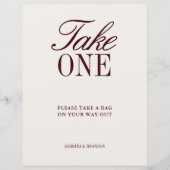 アイボリー&ブルガンディテイクワン結婚式の引き出物標識 (正面)