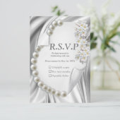 アイボリー、ブルー、グリーン金ゴールドシルク&パール 出欠カード (スタンド正面)