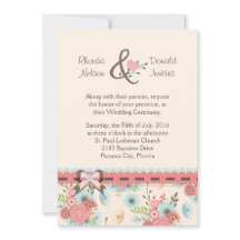 アイボリー、ブルー、コーラルフローラ結婚式招待状