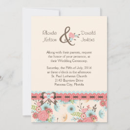 アイボリー、ブルー、コーラルフローラ結婚式招待状 招待状