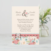 アイボリー、ブルー、コーラルフローラ結婚式招待状 招待状 (スタンド正面)