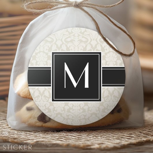 アイボリー ベージュのダマスクでイニシャルを飾って ラウンドシール