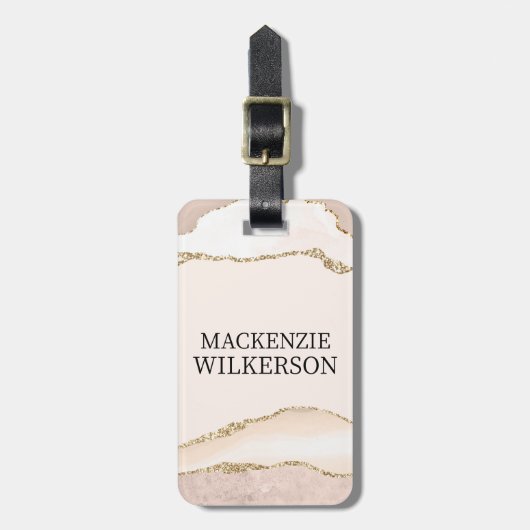 アイボリー&ベージュアゲートと金ゴールドグリッター名前をカスタムする ラゲッジタグ (正面縦)