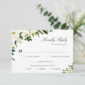 アイボリー ホワイトの花の食事選択 RSVP カード (スタンド正面)