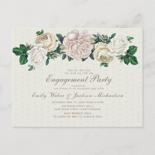 アイボリー ホワイト クリーム ヴィンテージ フラワーエンゲージメント パーティ ポストカード (正面)